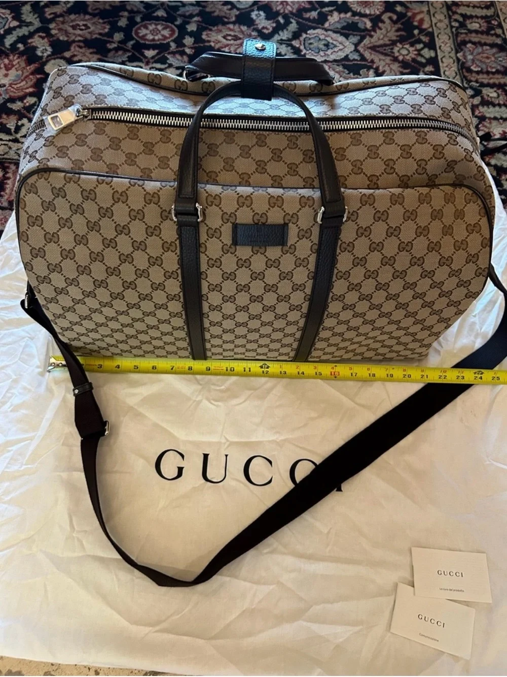 Unisex Gucci Beige GG Supreme Canvas Weekender with Dark Brown Trim made Italy